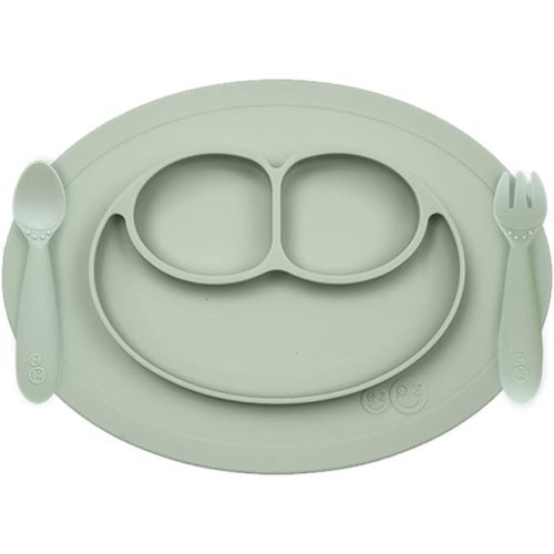 ezpz Mini Feeding Set (Sage) - 100% Silicone Fork, Spoon & Mini Mat Suction Plate with Built-in Placemat for Infants + Toddlers - First Foods + Self-Feeding - 12 Months+