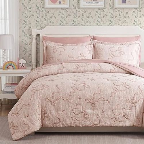 Geniospin Pink Full Comforter Set for Girls- 7 Pieces Bowknot Jacquard Bed in A Bag Full Bedding Sets with Sheets, Pillowcases & Shams, All Season Kids Comforter Set