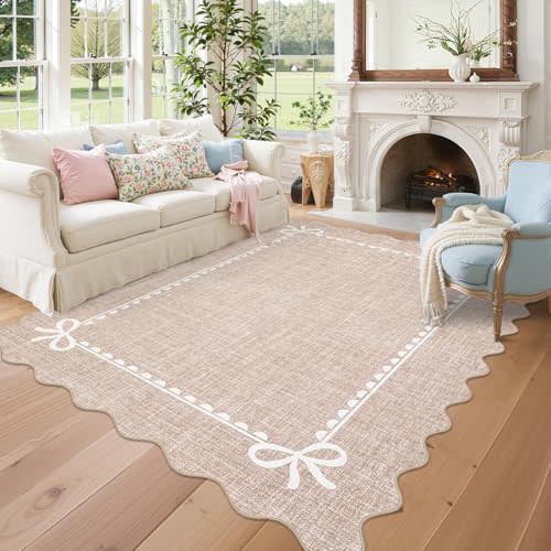 GarveeHome Scalloped Bow Rug for Living Room, Solid Camel Rug for Dorm, Washable Rugs 5x7 Soft Low Pile Non Slip Scalloped Rugs for Nursery College Bedroom Decor Kids Room Playroom