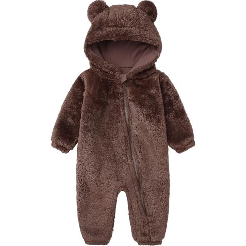 Baby Furry Jumpsuit Infant Bear Onesie Zipper Long Sleeve One-Piece Romper Hoodie Baby Outwear Snowsuit