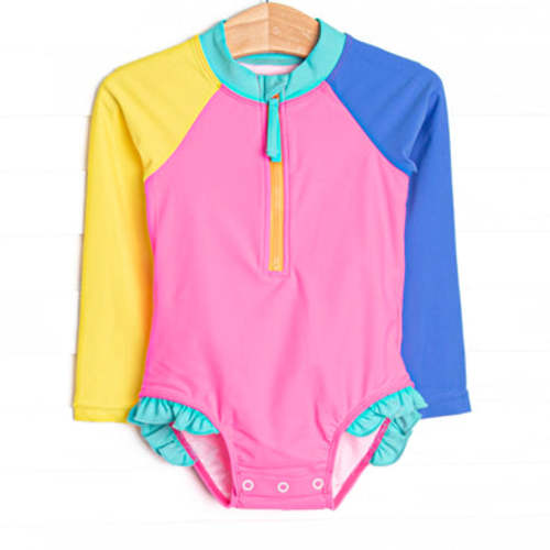 Color Block Long Sleeve One Piece Rash Guard, Pink – Stitchy Fish