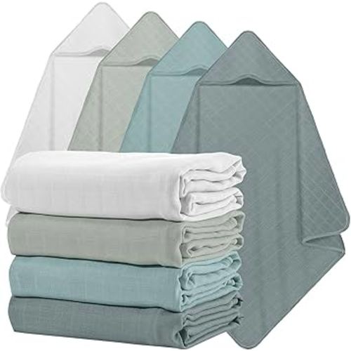 Preboun 4 Pcs Muslin Hooded Baby Towels,32"x 32" Cotton Newborn Bath Towel Muslin Infant Baby Blankets Absorbent Unisex Newborn Registry Gift for Girls Boys(Green Series)