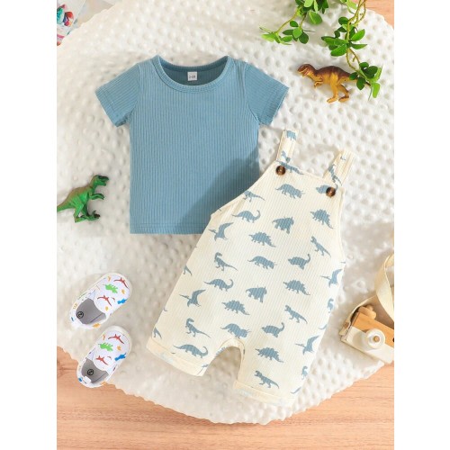 Baby Boy Summer Set - Stylish Casual Solid Color Short Sleeve T-Shirt And Cute Dinosaur Overalls | SHEIN USA