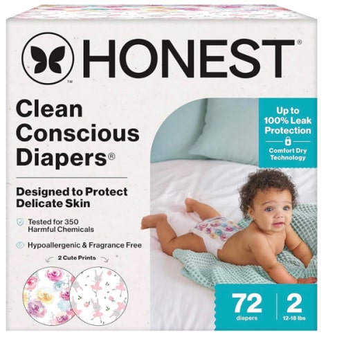 The Honest Company Clean Conscious Diapers for Sensitive Skin | Hypoallergenic, Fragrance Free | Girl Prints | Club Box, Size 2 (12-18 lbs), 72 Count (Prints May Temporarily Vary)