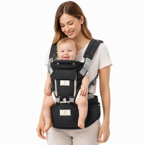 6 in 1 Hip Carrier for Baby - Easy to Wear Ergonomic Front Facing Baby Carrier with Hip Seat for 750 lbs - Baby Harness with Back Support, Breathable & Adjustable for Comfortable Travel - Grey