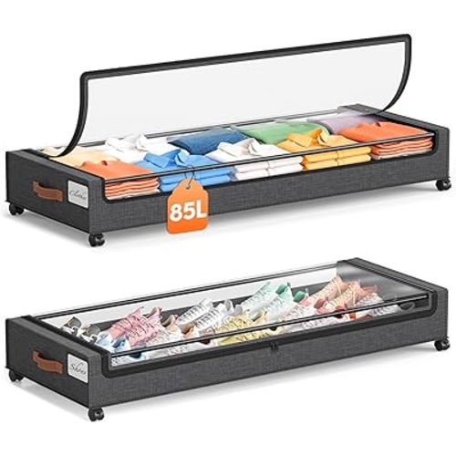 Yecaye Under Bed Storage with Wheels 2 Pack, 85L Extra Large Under Bed Storage Containers with Metal Frame & Clear Lid, Rolling Underbed Organizer Bins Drawers for Clothes, Shoes, Blankets, Hemp Grey