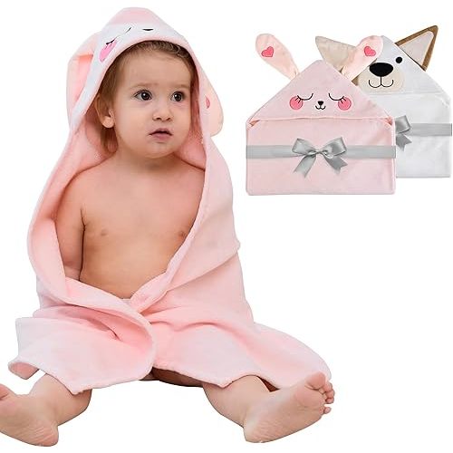 Viviland 2 Pack Hooded Baby Towels, Soft 100% Cotton Baby Bath Towels with Hood, Extra Thick and Absorbent, Essential for Newborns, Kids, Infants - Girls and Boys (Dog & Pink Rabbit)