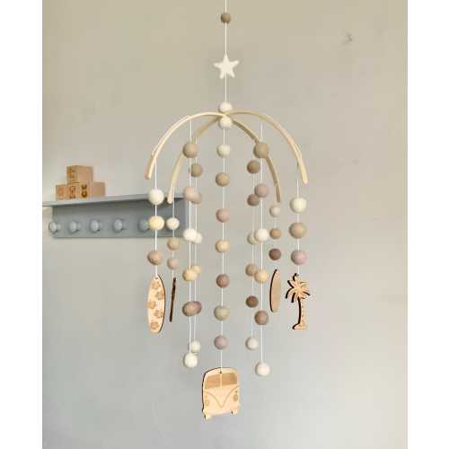 Surf Theme Baby Mobile: Felt Balls, Wooden Surfboards & Camper Van