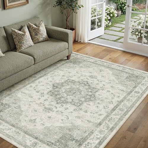 PureCozy Green 5x7 Washable Area Rug Living Room Vintage Oriental Carpet | Soft Low Pile, Non Slip, Stain Resistant, Floral Medallion, Neutral Retro Decor for Bedroom, Dining Room, Kids Room, Office