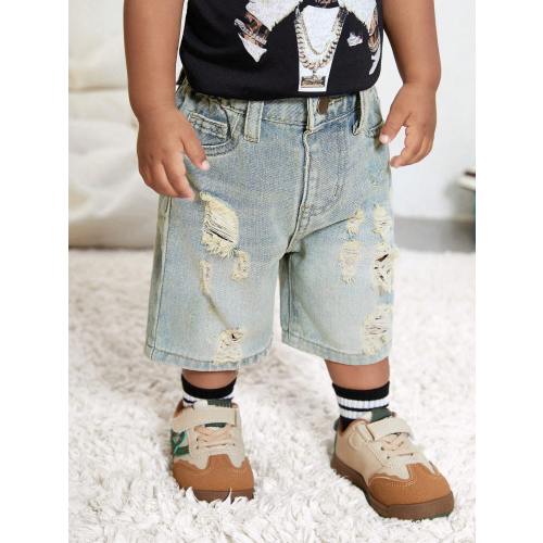SHEIN Playful Pals Baby Unisex Vintage Urban Street Ripped Long Denim Shorts,Aqua Blue,Summer,Casual,Elastic Waist,Decorative&Practical Pockets,Retro Heavy Wash,Whiskers