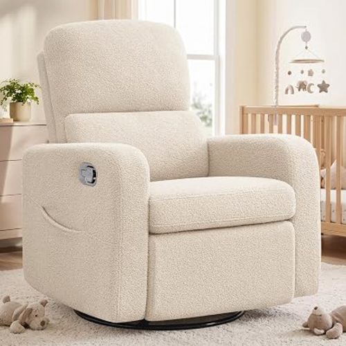 Swivel Rocker Recliner, Oversized Manual Boucle Nursery Glider Rocking Recliner Chair with Removable Cushion, Upholstered Teddy Swivel Reclining Chair for Nursery Living Room Bedroom, Apricot