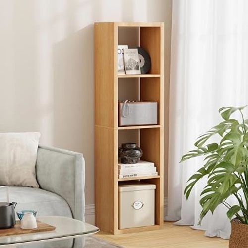 4 Cube Storage Organizer Single Row, Cube Shelf with Heavy-Duty Thick Boards, 13.31"L x 9.37"W x 48.82"H, Smooth Easy-Clean Panels, Simple Assembly, for Living Room Bedroom Office, Natural-Oak