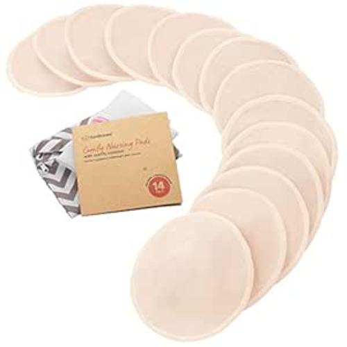 Organic Nursing Pads - 14 Washable Breast Pads for Breastfeeding, Wash Bag, Viscose Derived from Bamboo Reusable Nipple Covers for Breastfeeding Essentials, Soft & Absorbent (Bare Beige, L 4.8")