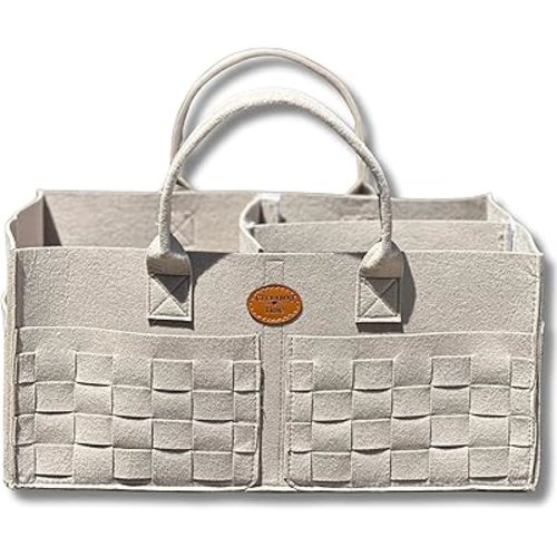 Baby Diaper Caddy Organizer for Nursery – Large Felt Storage Basket for Baby Essentials, Wipes & Diapers – Portable Nursery Organizer Bin for Changing Table or Living Room Beige