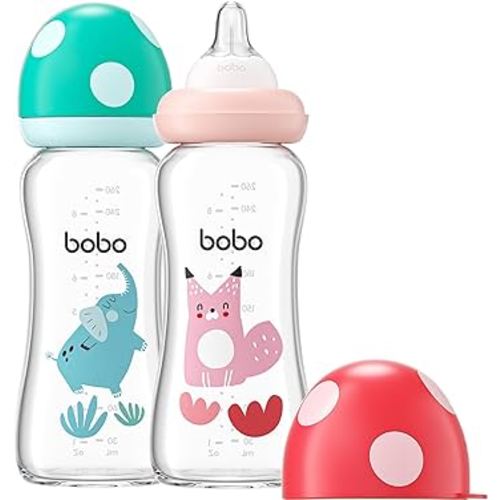 YOHKOH Natural Glass Baby Bottle with Natural Response Nipple, Newborn Anti-Colic Baby Bottles, Wide Neck Mushroom Cap Baby Bottle, Clear (8.8ounce (Pack of 2), Multicolour2)