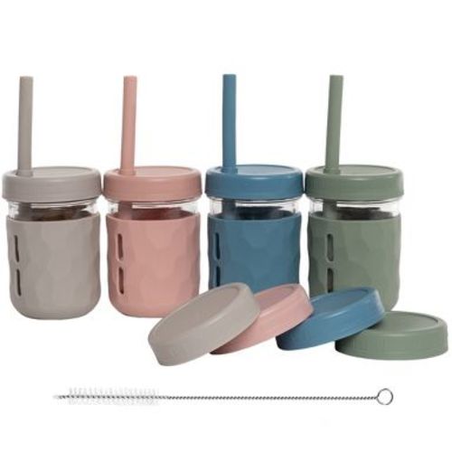 WeeSprout Glass Cups with Lids & Straws, Spill-Resistant Cups - 8 oz, Set of 4 (Matte Green, Pink, Blue and Light Grey)