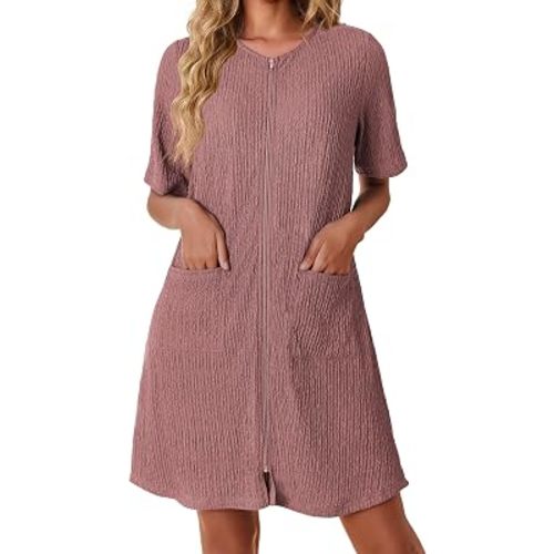 Ekouaer Women Zipper Robes Knit Short Bathrobe Lightweight House Coat with Pockets Soft Nightgown S-XXL