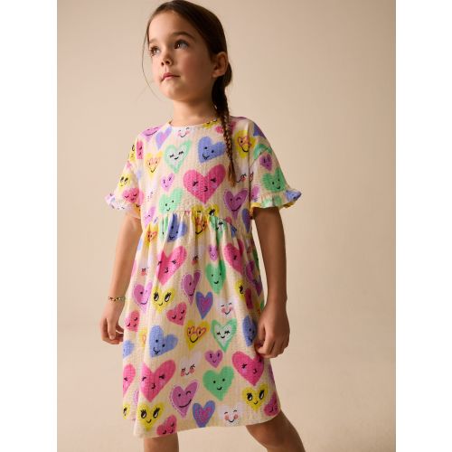 Light Yellow Heart Print Short Sleeve Jersey Dress (3-16yrs)