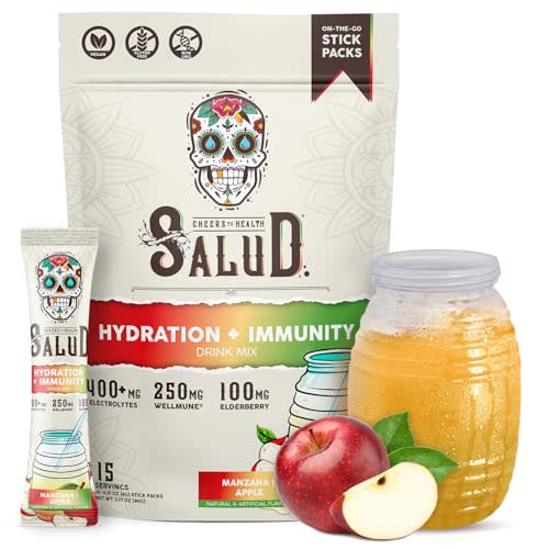 Salud 2-in-1 Hydration + Immunity Drink Mix, Apple | Electrolytes Powder, Agua Fresca, Elderberry, Dairy & Soy Free, Non-GMO, Gluten Free, Vegan, 1g Sugar (15 Servings)