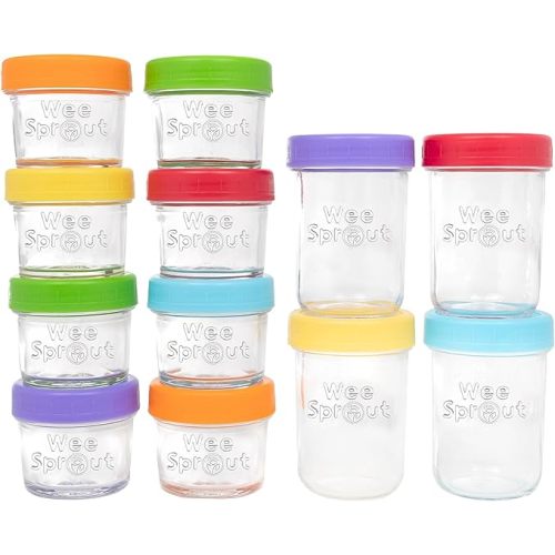 WeeSprout Glass Baby Food Storage Jars - 12 Set, 4 oz/8 oz Baby Food Jars, Plastic Lids, Freezer Storage, Reusable Small Glass Baby Food Containers, Microwave & Dishwasher Safe, for Infant & Baby Food