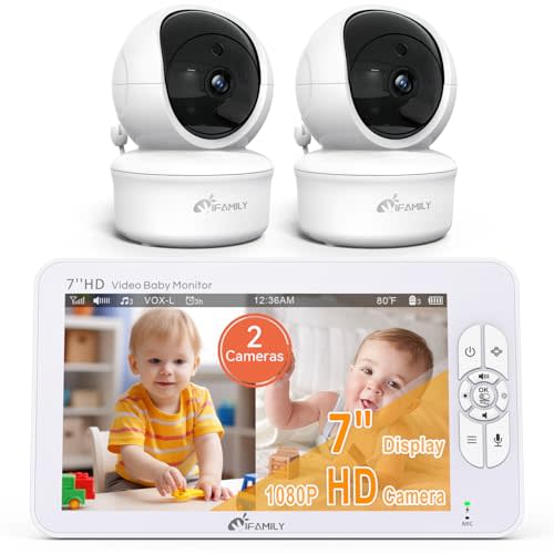 iFamily 7" Large Split Baby Monitor with 2 HD Cameras and Audio, 1080P HD Video Baby Monitor No WiFi,Hack Proof, up to 120hr Battery Life, Built-in White Noise& lullabies