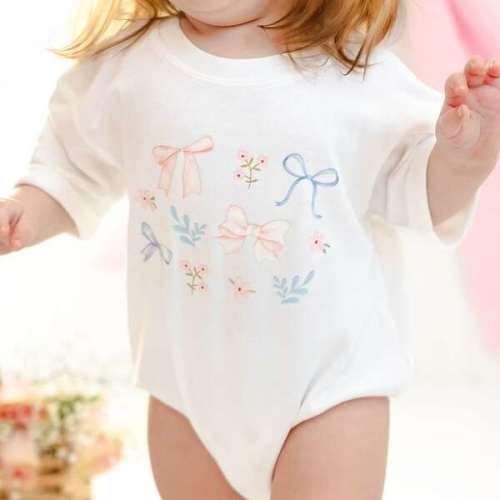 Floral & Bow Watercolor Short Sleeve Romper, White - Sweet Wink | Maisonette
