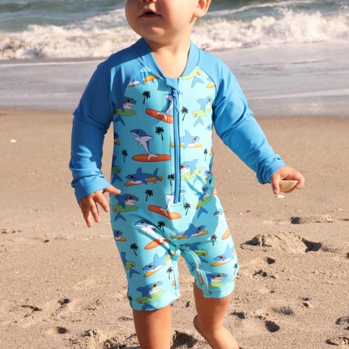 Long Sleeve Rash Guard Swim Romper Shortie | Surfin' Sharks