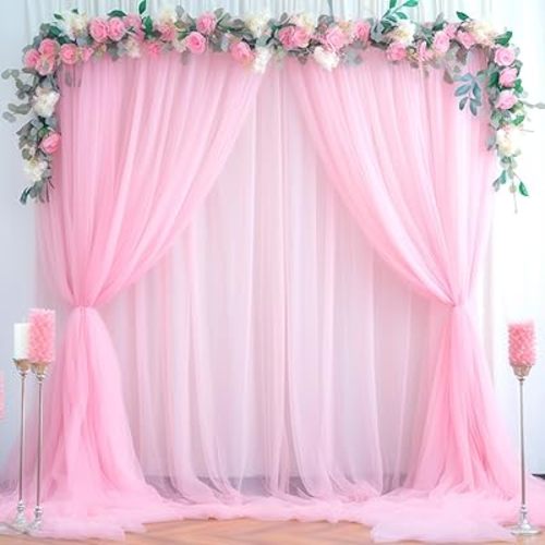 20ft X 10ft Baby Pink Tulle Backdrop Curtain for Parites, Sheer Photo Backdrop Curtains Fabric Drapes for Wedding Baby Shower Birthday Party Bridal Girl Shower Background Decorations