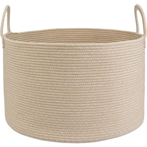 XUANGUO 66L Large Blanket Basket, Round Cotton Rope Basket, Oatmeal | 20" x 13" Laundry Basket with Sturdy Handles for Blankets, Pillows and Toys; Storage for Living Room, Bedroom and Nursery