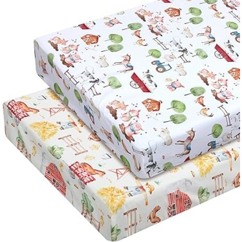 2 Pcs 24 x 38 in Farm Animal Infant Crib Sheets Set Mini Portable Crib Sheet Newborn Bedding Nursery Baby Sheets for Girl Boys Baby Gifts Breathable Only for Pack and Play
