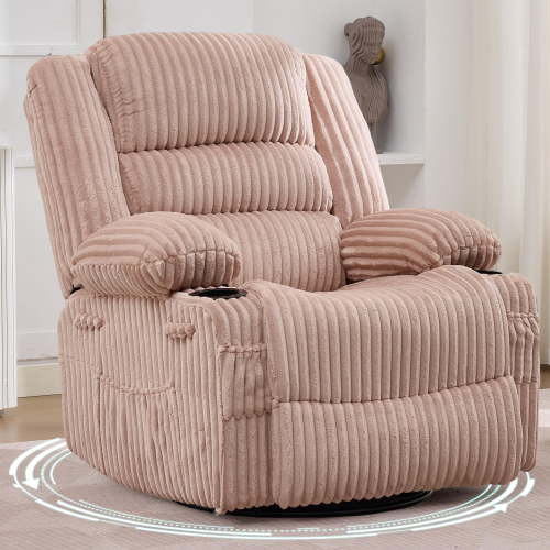 Rocking Recliner Chair with 360-Degree Swivel, Manual 90°–150° Recline, Soft Corduroy Upholstery, Cup Holders and Side Pocket, 350-Lb Capacity for Living Room, Bedroom