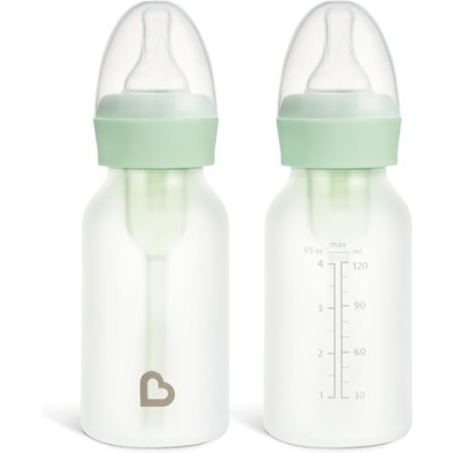 Munchkin Bond Silicone Coated Glass Baby Bottles - Anti-Colic Feeding System with Natural Feel Nipples, 4 Ounce, 2 Pack, Mint/Green