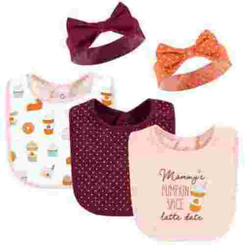 Hudson Baby Infant Girl Cotton Bib and Headband or Caps Set, Pumpkin Spice Date, One Size