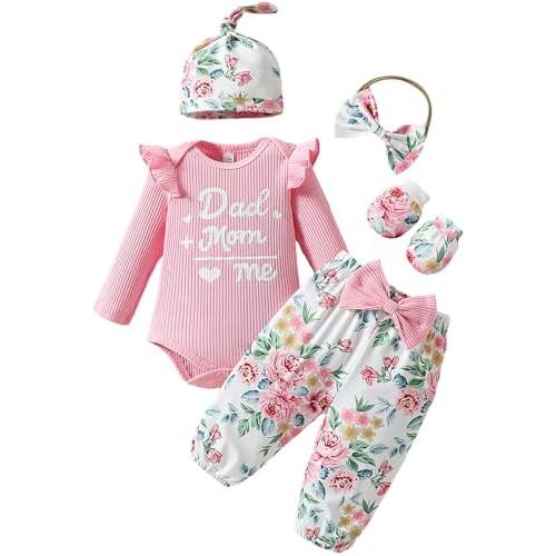 ChuYuKu Baby Girls Newborn Long Sleeve Romper Infant Winter Clothes Floral Pants Outfits with Headband & Mittens 0-6M