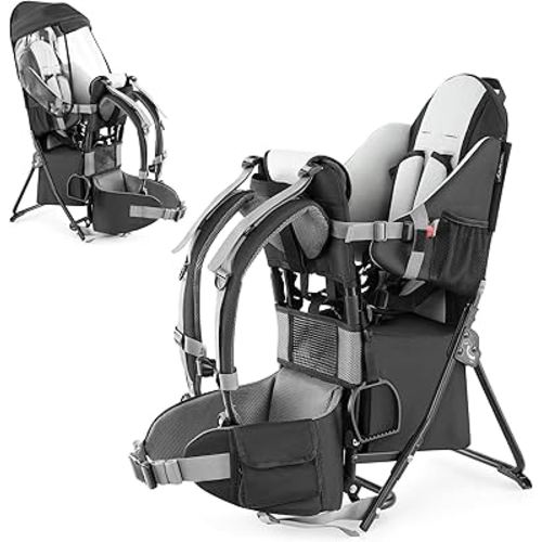 besrey Baby Backpack Carrier, Toddler Hiking Backpack with Safety 3-Height Seat, Adjustable Straps&Waist Belt, Foldable Frame Lightweight Large Capacity Child Carrier for Hiking (Black)