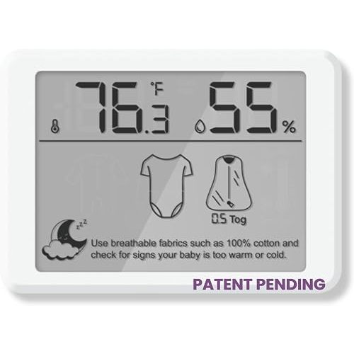 Nursery Thermometer & Humidity Monitor – Baby Room Thermometer with Sleep Clothing Guidance, Newborn to Toddler Outfit Recommendations for Comfortable Sleep, FSC Safe