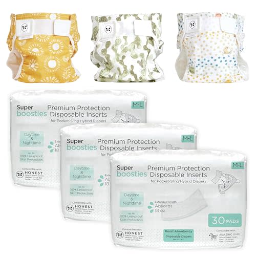 Super Boosties 90ct + Honest Hybrid Cloth Diaper Cover with Pocket-Sling, Large (22-40 lbs), Stops Nighttime Leaks, Boosties Disposable Diaper Inserts, Honest Cotton Muslin Covers, 3 Pack