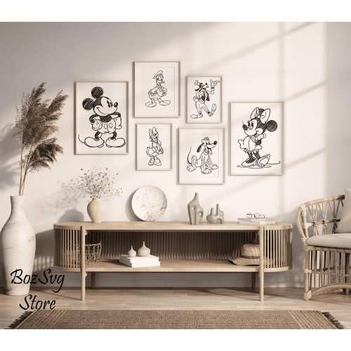 Minimalist Mickey and Friends Line Wall Art, Printable Set of 6, Nursery Decor, Kids Room Poster, Black And White Posters, Sketch Mouse