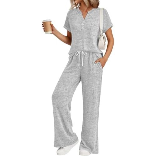 Trendy Queen 2 Piece Lounge Sets for Women Summer 2026 Henley Sweatsuit Travel Vacation Airport Outfits Pajamas Sets