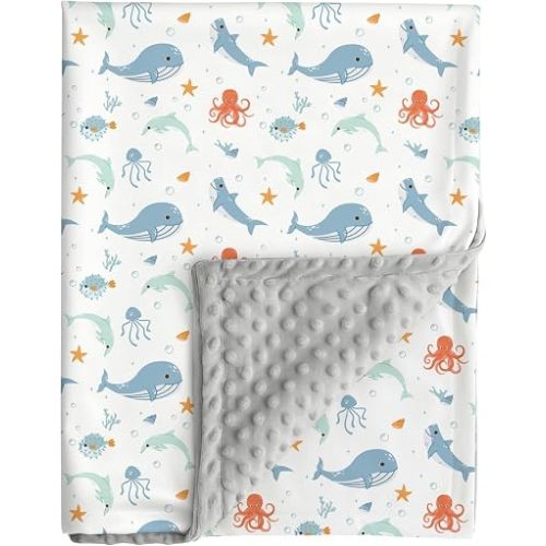 Ocean Baby Blanket Blue Whale Gender Neutral Minky Blankets for Newborn Baby Girls or Boys Undersea World Nursery Toddler Double Layer Blanket with Dotted Backing Sea Animal Printed (Blue)