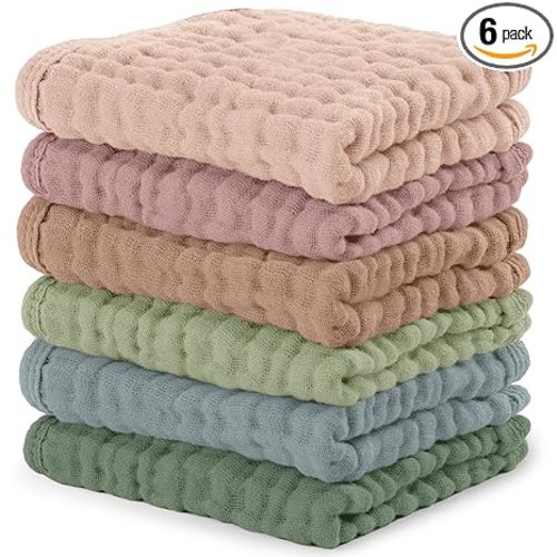 Comfy Cubs Muslin Baby Washcloths 6 Pack - Soft 6-Layer Cotton Wash Cloths for Sensitive Skin - 10"x10" Large, Gentle, Absorbent Infant Essentials for Newborn and Toddlers - Multicolor