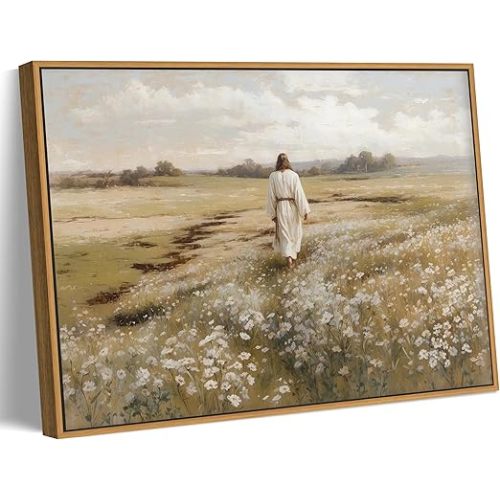 VONFRAENIT Jesus Leaves the 99 Sheep Canvas Wall Art The Lost Sheep Bible Stories Wall Decor Pictures Christian Wildflowers Painting for Bedroom Prayer Room Church Home Decoration