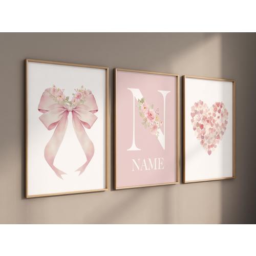 Pink Floral Nursery Art Prints: Bow, Heart, Initial (Set of 3)