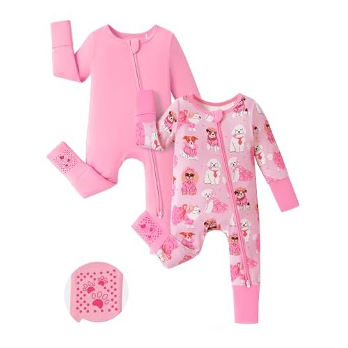 PATPAT Baby Footie Romper, Viscose from Bamboo, Long Sleeve, 2-Way Zipper, Fold-Over Mittens, Cuffs & Anti-Slip Grips