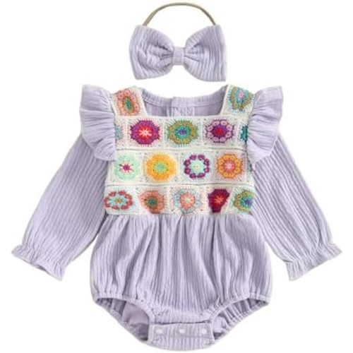 Gaono Newborn Baby Girl Smocked Bubble Romper Cute Boho Summer Clothes Ruffle Sleeveless Crochet Flower Vintage Bodysuit