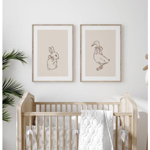 12x18 Vintage Bunny & Duck Nursery Print Set: Neutral Woodland Decor