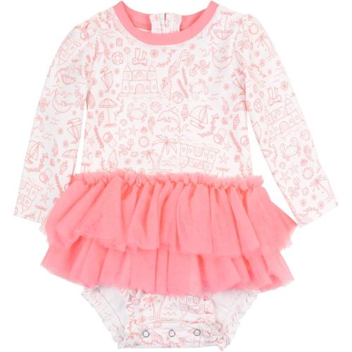 RuffleButts Baby Girls UPF 50+ Sun Protection Tulle Skirted Long Sleeve One Piece Rash Guard Swimsuit