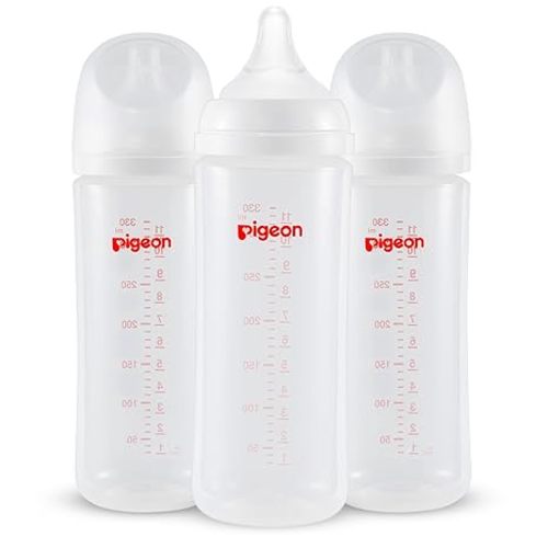 Pigeon PP Nursing Bottle Wide Neck, Anti-Colic, Streamlined Body, Natural Feel, Easy to Clean, 11.2 Oz (Pack of 3), Includes 3pcs L Nipples (6m+)