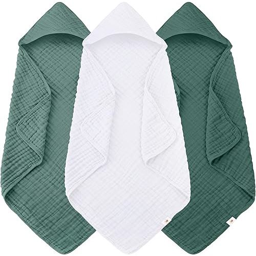Sunny zzzZZ Muslin Hooded Baby Bath Towels - 3 Pack 100% Cotton Soft Low-Saturation Pastel Towels Including Classic White for Newborns, Infants, Toddlers - 32x32 Inch - Deep Emerald and White