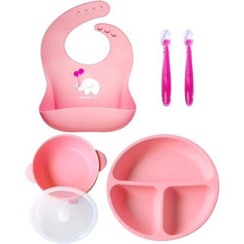 YMCF Products Baby or Toddler Feeding Set | Silicone Bib, Divided Plates, Suction Bowls & Spoons, Dishwasher-Safe, Easy-Wipe Cleaning (Pink)